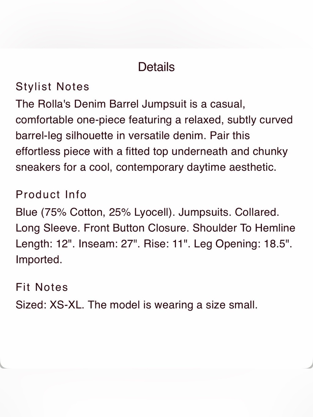 Rolla’s Denim Barrel Jumpsuit - size XL - NWOT - Picture 6 of 6